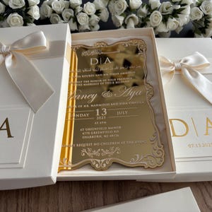 Juego de invitaciones de boda islámicas en acrílico con efecto espejo dorado, invitación árabe musulmana de lujo en caja (logotipo personalizado).