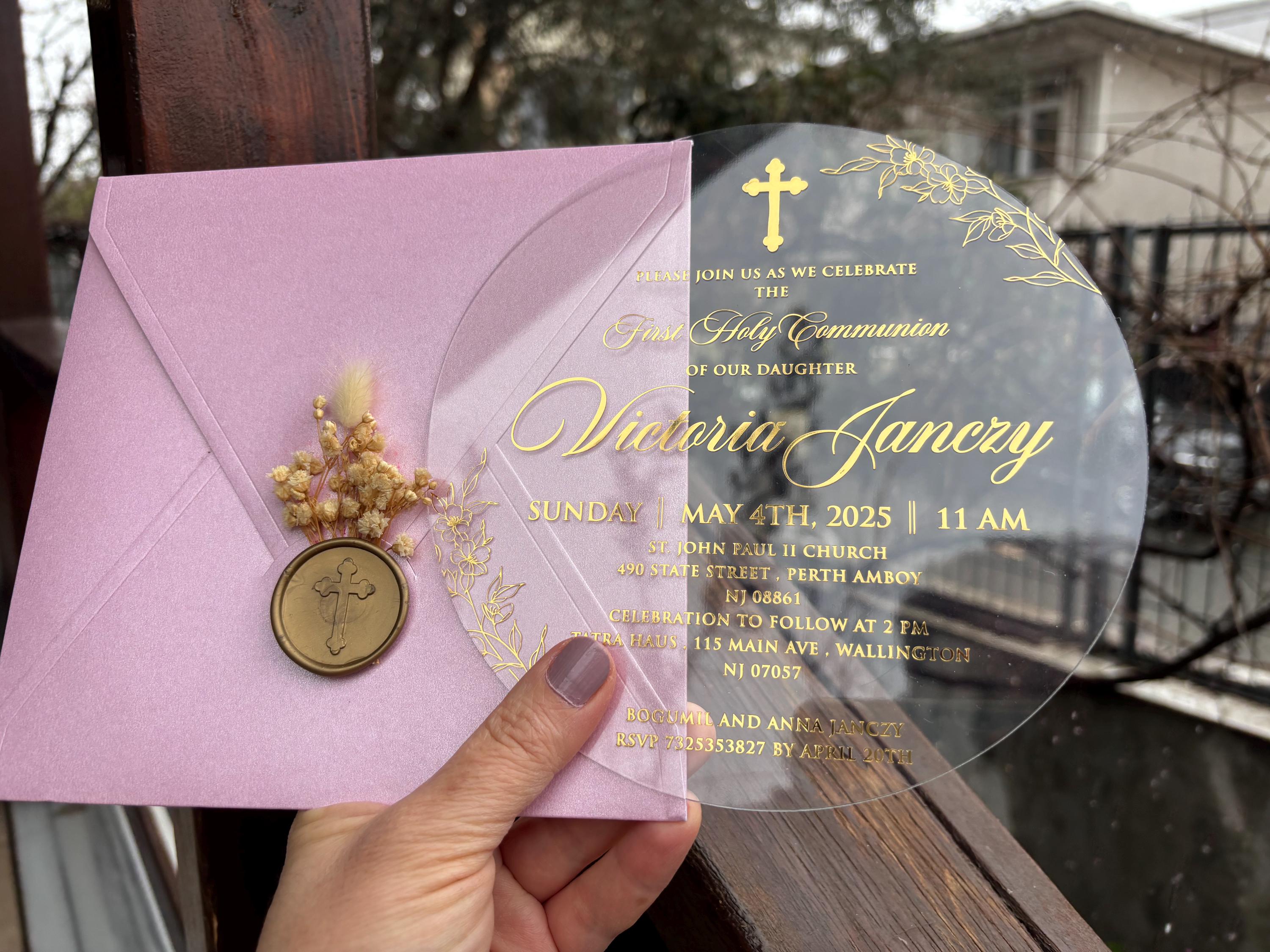 Gold Foil First Holy Communion Invitation: Round Acrylic, Dried Flowers ...