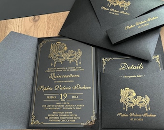 Masquerade Ball Invitation. Acrylic Quinceañera Invitation, Pearlescent Black, Gold Foil Print