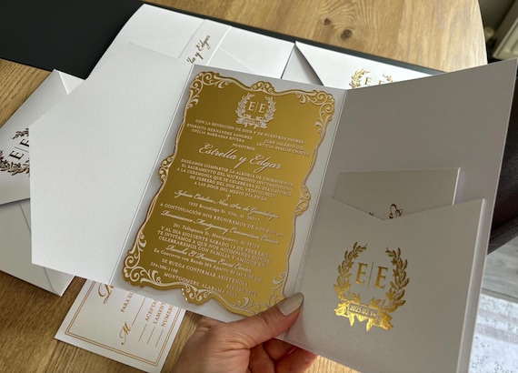 Ivory Pocket Special Cut Gold Mirrored Wedding Invitation & Pearlescent envelopes
