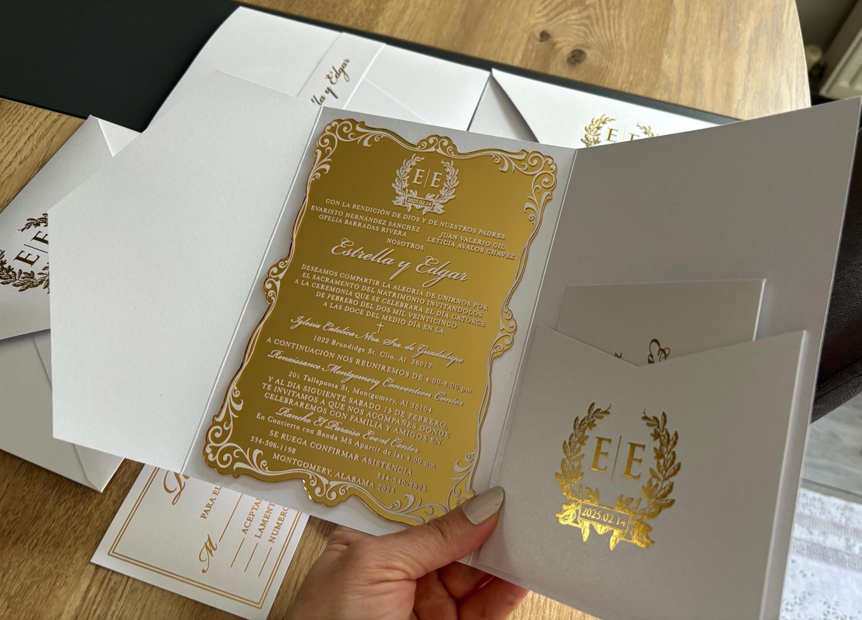 Custom Mirror Gold Acrylic Wedding Invitation Set: Pearlescent