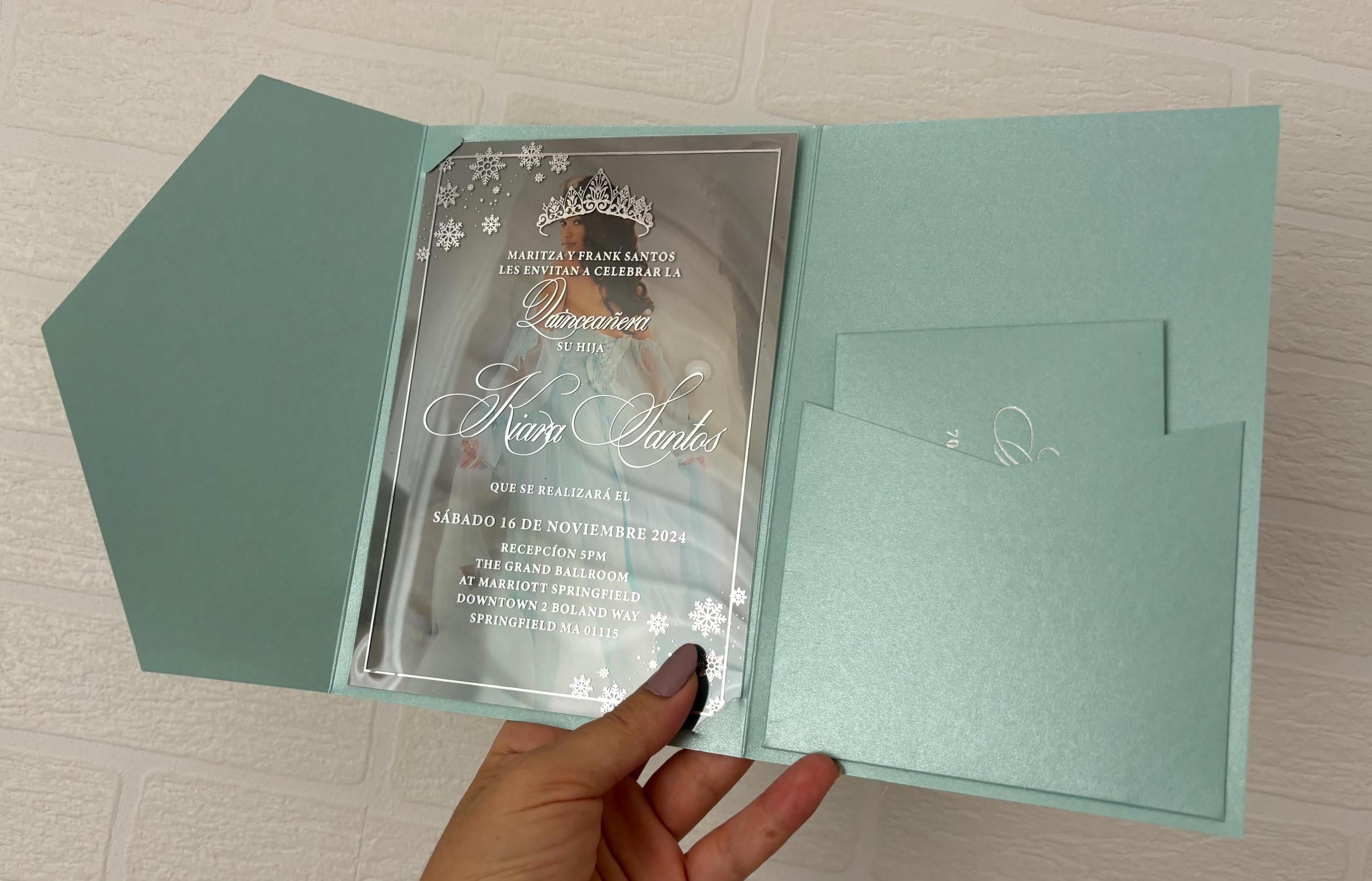 Luxurious Acrylic Sweet Sixteen Invitation: Pearl Turquoise Pocket, Photo Option