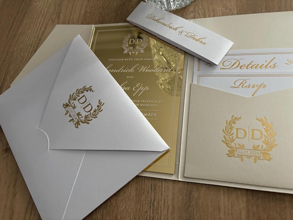 Luxury invitation set with gold mirror. Luxury Ivory Envelope, RSVP & Details Card