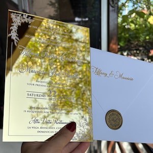 Gold Mirrored Wedding Invitation: Plexiglass, Foil Print, Printed white envelope