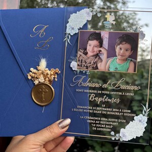 Convite de batismo impresso em acrílico. Primeira comunhão, confirmação, convite de batismo. Designs personalizados mediante solicitação