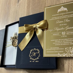 Gold Mirrored Invitation Box: Navy Blue Ribbon, Personalized Design