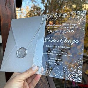 Acrylic Quinceañera invitation, clear acrylic invitation, pearl gray envelope, white foil imprint, personalized wax seal
