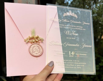 Acrylic Quinceanera Invitation: Rose Gold Foil, Pink Envelope, Dried Flowers