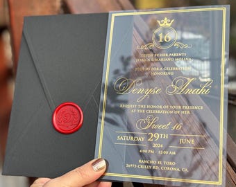 Elegant Acrylic Sweet 16 Invite - Gold Foil Print, Black Envelope & Wax Seal