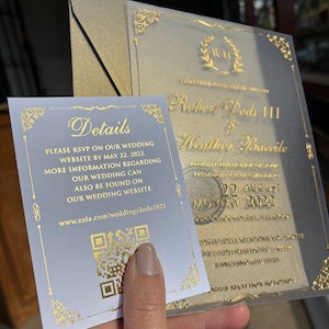 Wedding invitation for marriage celebration. Gold foil printed. Frosted acrylic invitation, detailed card, pearlescent luxury envelopes