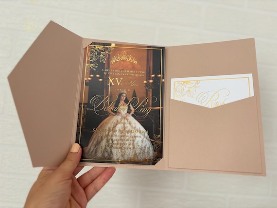 Quinceanera Invitation with Photo. Gold foil printed acrylic invitation, blush pink pocket envelope with detail card.