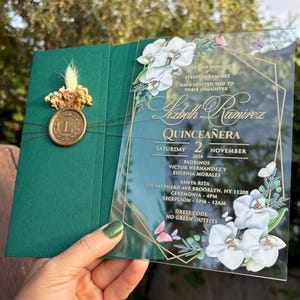 Customizable Acrylic Quinceañera Invitation, Sealed Floral Sweet 15 Invitation, Luxury Orchid Design