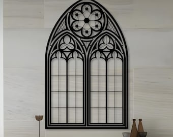 Ventana gótica con arco, arte mural de metal, decoración medieval