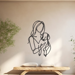 Dog and Woman Minimalist Wall Art, Woman Holding Dog Metal Line Wall Art, Dog Lover Metal Wall Decor, Dog Lovers Gift, National Pet Day Gift