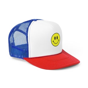 Smiley Face Trucker Caps, Minimalist Hat for Men and Women, Available in Multiple Colors Blue/Red