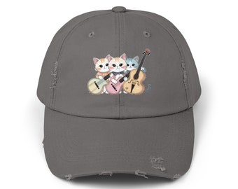 Cat Hat, Cute Cats Playing Music, 100% Cotton Distressed Baseball Cap