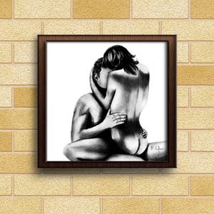 Póster de arte mural, bellas artes de una pareja haciendo el amor, dibujo a lápiz.