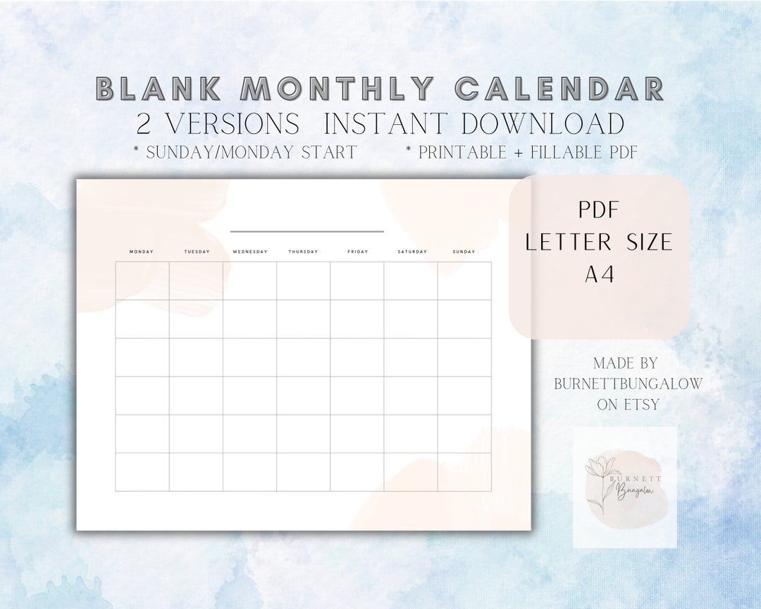 Blank Monthly Calendar Printable Landscape Minimalist - Etsy