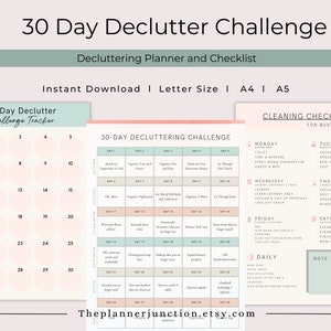 Könnte beinhalten: Ein druckbarer 30-Tage-Entrümpelungs-Herausforderungs-Planer und eine Checkliste für vielbeschäftigte Mütter. Der Planer enthält einen Kalender mit täglichen Entrümpelungsaufgaben und eine Reinigungscheckliste mit täglichen, wöchentlichen und monatlichen Aufgaben. Der Planer ist in einem hellrosa und grünen Farbschema gestaltet.
