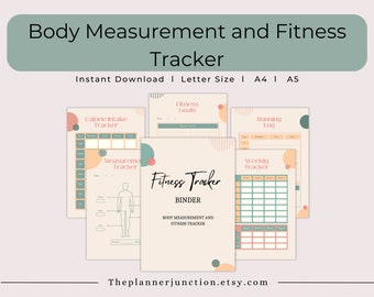 May include: A collection of printable fitness trackers, including a calorie intake tracker, measurement tracker, running log, and weekly tracker. The cover reads "Fitness Tracker BINDER" with the text "Body Measurement and Fitness Tracker". The image also includes the text "Instant Download | Letter Size | A4 | A5".