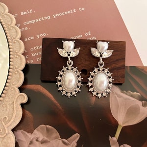Zircon Pearl Dangle Earrings, Wedding Bridal Earrings, Pearl Drop Earrings, Silver Bridal Earrings