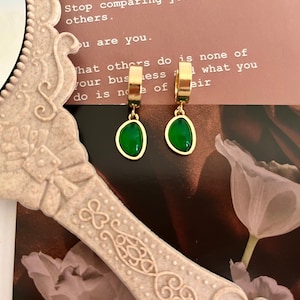 Emerald Dangle Gold Filled Hoop Earrings, Birthstone Earrings, Dainty Minimalist Earrings, Hypoallergenic for everyday wear, Bridesmaid Gift