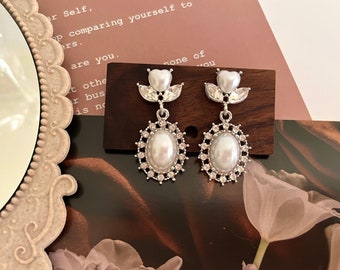Zircon Pearl Dangle Earrings, Wedding Bridal Earrings, Pearl Drop Earrings, Silver Bridal Earrings