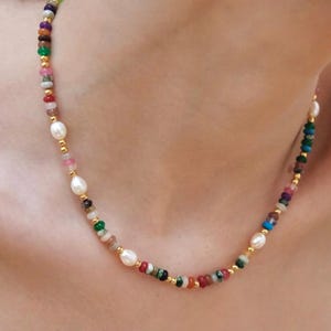 Multi-gemstone and Freshwater Pearl in 18k Gold plated Necklace, Rainbow Necklace, Crystal Gemstone Necklace, Colorful Birthstone Jewelry