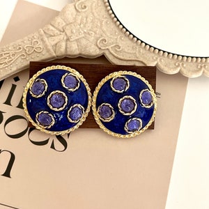 Blue Vintage Glass Stud Earrings,  Gold Filled Statement Earring, Gift for her, Mom Gift