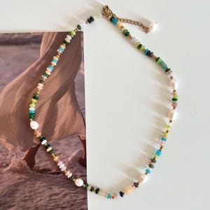 Multi-gemstone and Freshwater Pearl in 18k Gold plated Necklace, Rainbow Necklace, Green Gemstone Necklace, Colorful Birthstone Jewelry
