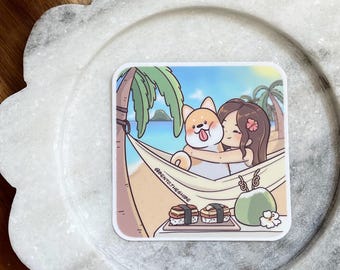 Adorable autocollant Shiba Inu - Vacances d'été à la plage hawaïenne - Vinyle imperméable 3 x 3 po