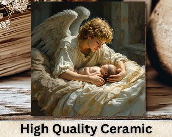 Guardian Angel Vintage Art Ceramic Tile, 6" Trivet, Spiritual Decor, Hand Sublimated, Christian Gift, Kitchen Nursery Art, FREE US Shipping