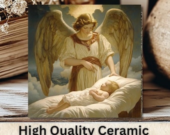 Guardian Angel Vintage Art Ceramic Tile, 6" Trivet, Spiritual Decor, Hand Sublimated, Christian Gift, Kitchen Nursery Art, FREE US Shipping