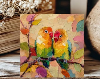 Bird Lovers Lovebirds Ceramic Tile Art, Hand Sublimated 6" Square, Trivet, Colorful Wall Kitchen Decor,Nature Lovers Gift, FREE US Shipping