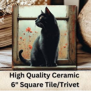 May include: A black cat sits in a window looking out at a field of red flowers. The image is printed on a 6 inch square ceramic tile.