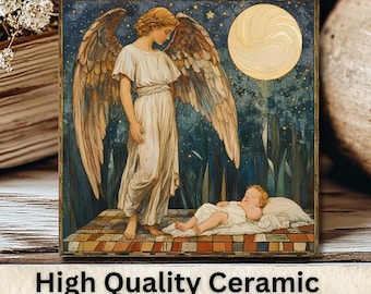 Guardian Angel Vintage Art Ceramic Tile, 6" Trivet, Spiritual Decor, Hand Sublimated, Christian Gift, Kitchen Nursery Art, FREE US Shipping