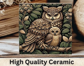 Vintage Owl Ceramic Tile Art, Hand Sublimated 6" Square, Trivet, Forest Owl & Baby William Morris Inspired, Wildlife Art, FREE US Shipping