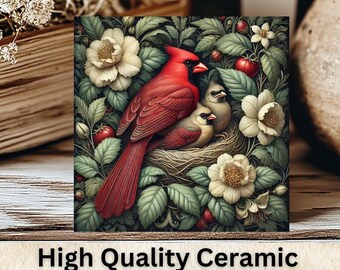 Vintage Cardinal Bird Ceramic Tile Art, Trivet Decor, Hand Sublimated 6" Square, Baby & Mama Bird, William Morris Inspired, FREE US Shipping