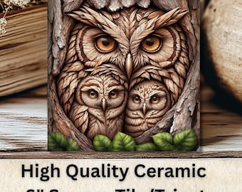 Vintage Owl Ceramic Tile Art, Hand Sublimated 6" Square, Tree Hollow, Owl Mom Baby Owlets William Morris Inspired, Nature, FREE US Shipping