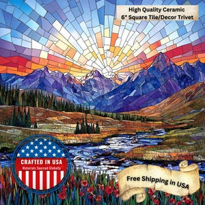 May include: A ceramic 6-inch square tile/decor trivet featuring a mosaic-style landscape of mountains, a river, and a sunset. The artwork includes text that reads "High Quality Ceramic 6" Square Tile/Decor Trivet" and "Crafted in USA".