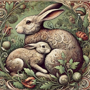 Vintage Rabbit Ceramic Tile Art, Hand Sublimated, Art Nouveau, Forest Mom Baby William Morris Inspired, Wildlife Wall Art, FREE US Shipping