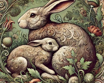 May include: An illustration of a large adult rabbit and a smaller young rabbit nestled together. The rabbits feature intricate, swirling fur patterns in shades of brown and cream, surrounded by detailed green foliage and various colorful flowers.