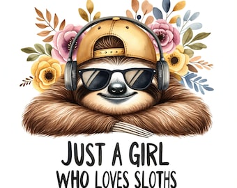 Cute Sloth Digital PNG Tumbler Wrap Design, Just a Girl Who Loves Sloths Wall Art Sloth Lover Gift Printable Sloth, Instant PNG Downloaqd