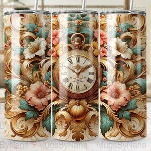 Vintage Clock Tumbler Wrap Floral Digital Art, Retro Floral Watch Design, Antique Clock Pattern, Clock Art Decoration, Instant Download