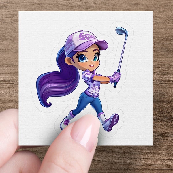 Cute Golfing Girl Vinyl Sticker, Sporty Animated Character, Purple Golf Cap, Fun Golfer Decal for Notebook