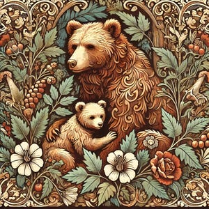 Vintage Bear Ceramic Tile Art, Hand Sublimated Square, Trivet, Forest Mom Baby Bear William Morris Inspired, Wildlife, FREE US Shipping
