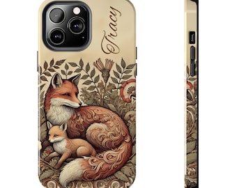 Door William Morris geïnspireerd stoer telefoonhoesje, vintage vos en babywelp, art nouveau, natuur, natuurliefhebber cadeau, Moederdag, elegant, duurzaam
