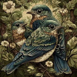 May include: An illustration of three birds with blue and brown feathers perched among green leaves and white flowers. The birds have dark eyes and detailed plumage, set against a dense botanical background with visible branches and foliage.