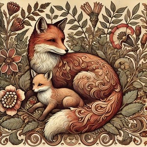 Vintage Fox Ceramic Tile Art, Hand Sublimated Square, Trivet, Forest Mom & Baby William Morris Inspired, Wildlife Art, FREE US Shipping
