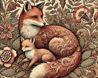 Vintage Fox Ceramic Tile Art, Hand Sublimated Square, Trivet, Forest Mom & Baby William Morris Inspired, Wildlife Art, FREE US Shipping